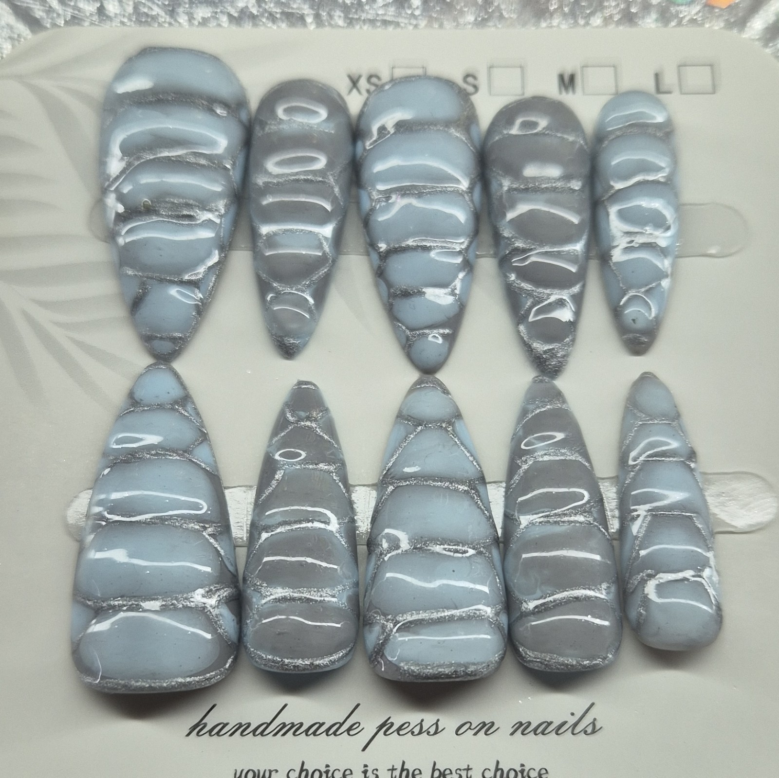 Blue Gray Shiny Marble Almond Press-On Nails Long Handmade Set