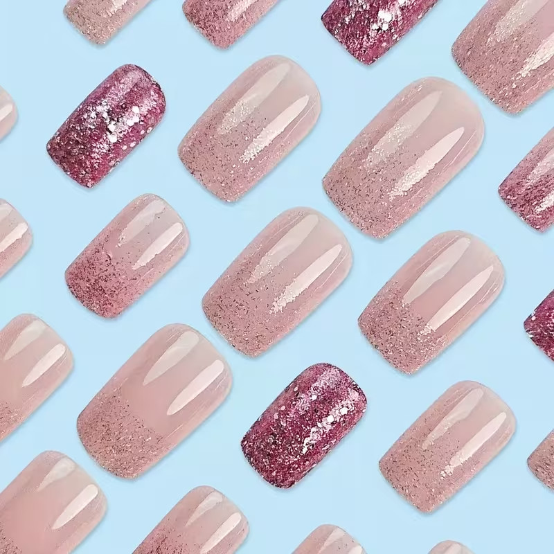 Pink Purple Gradient Glitter Reusable Short Press-On Nails Oval 24 Pieces