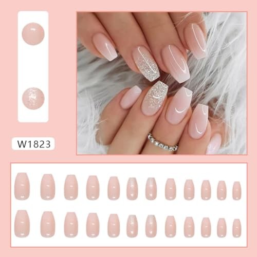 Light Pink Press on Nails Coffin Fake Nails White Pink Gradient Short Style-2