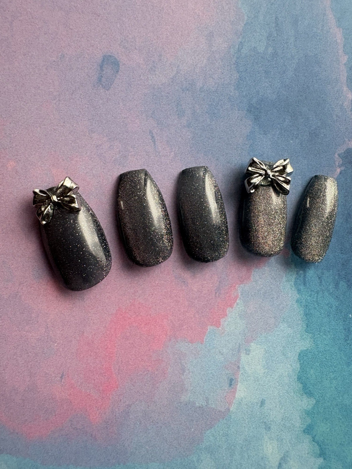 Handmade Japanese Press on Nails | Navy Magnet Galaxy & Silver Ribbon | Cute Ele