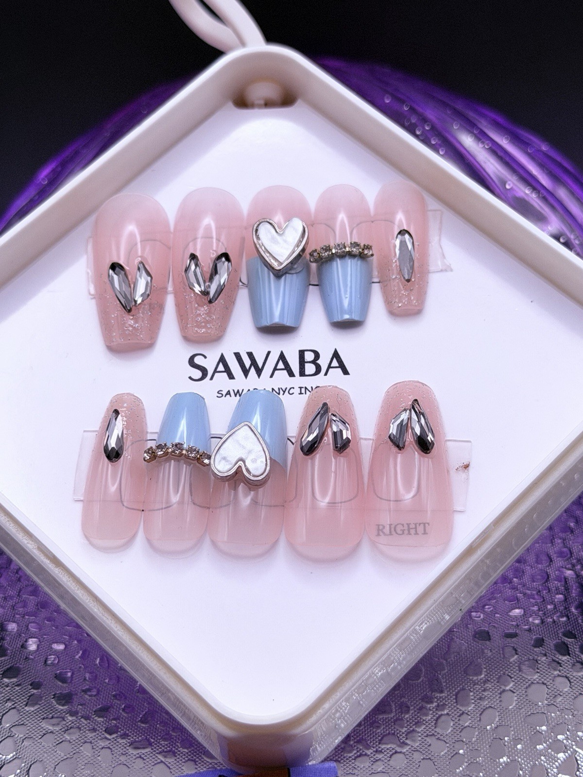 24 PCs Handmade Medium Length Coffin Nails Nude Pink Blue French, 3D Heart Charm