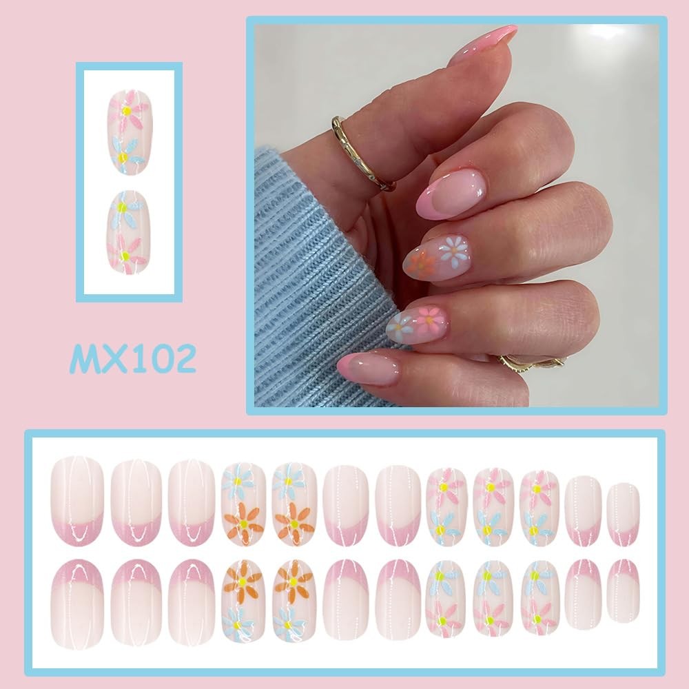 Spring Press On Nails Short Almond Fake Nails Pink French Tip False Nails wit…