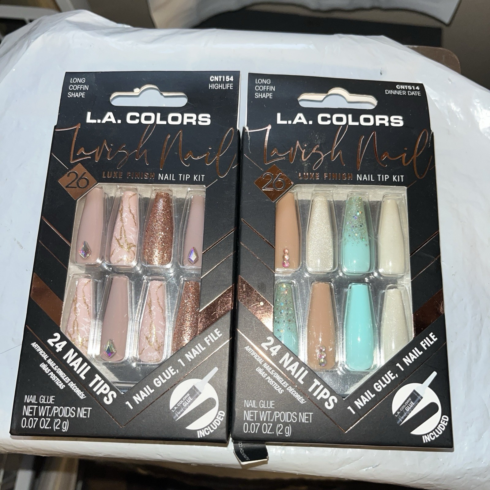 L.A. Colors Lavish Luxe Nails Long Coffin Shape 2 NIB Kits Glue, File Jeweled