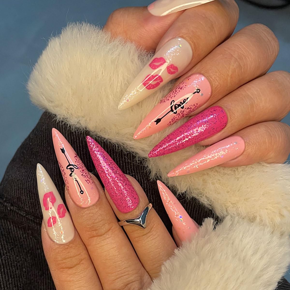 Pink Stiletto Press on Nails Extra Long Fake Nails With Designs Valentines Da…