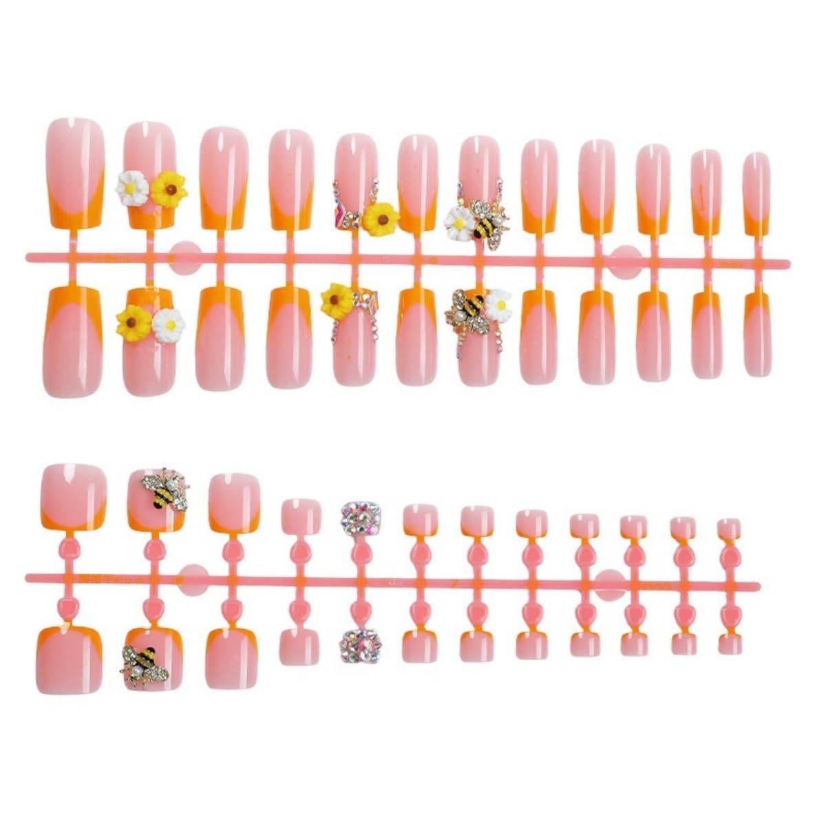 Flower Press on Nails and Toes Matching Set Square Fake Nails Rhinestone Bee …