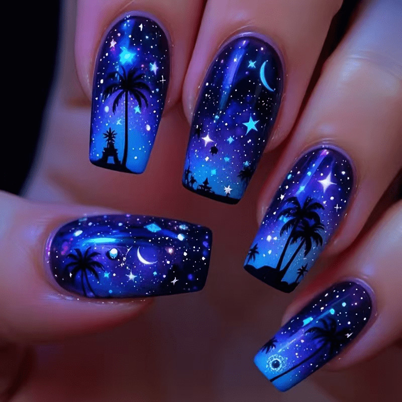 48Pcs Coffin Galaxy Palm Tree Press on Nails Star Moon Vacation Night Party Wear