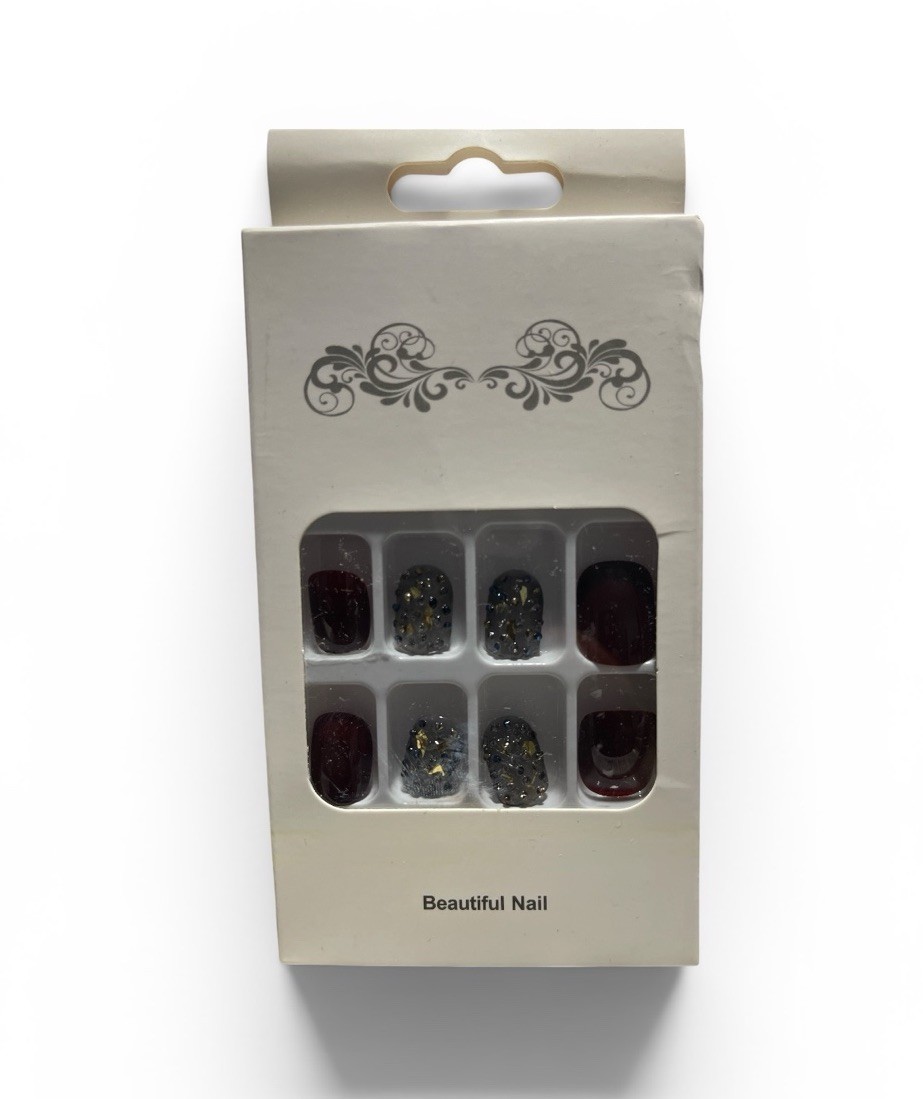 Beautiful Nail Burgundy With White And Sparkle Press-On Nails