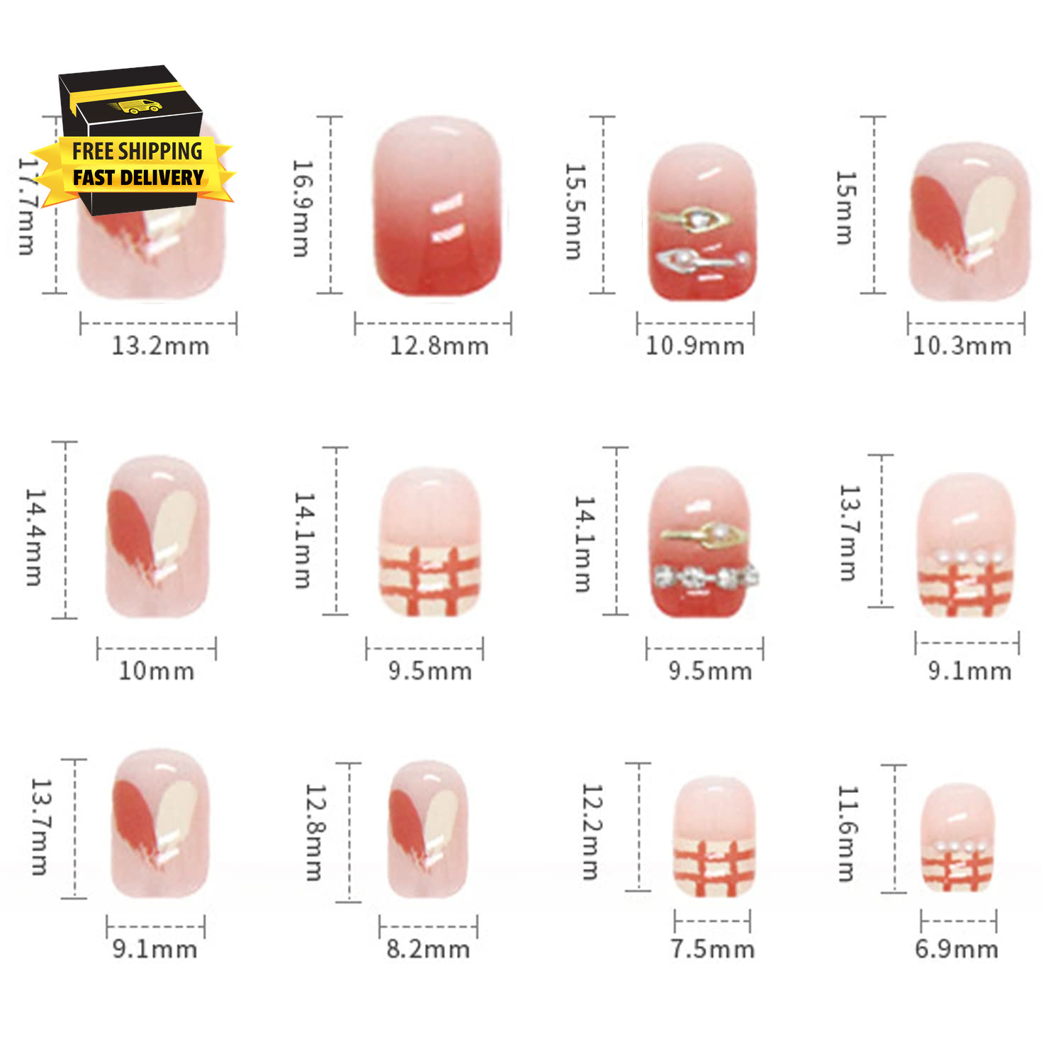 Rhinestone Artificial Fake Nails, 24Pcs Reusable Full Cover False Nails Kits for