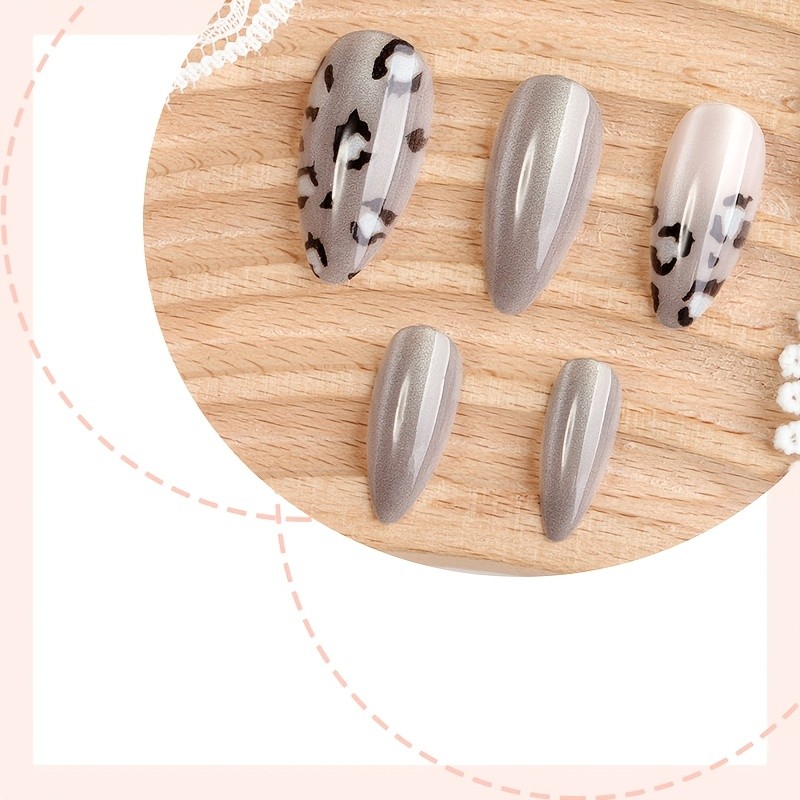 48Pcs-Medium Almond Silver Cat Eye Gradient Black Leopard Print Press on Nails