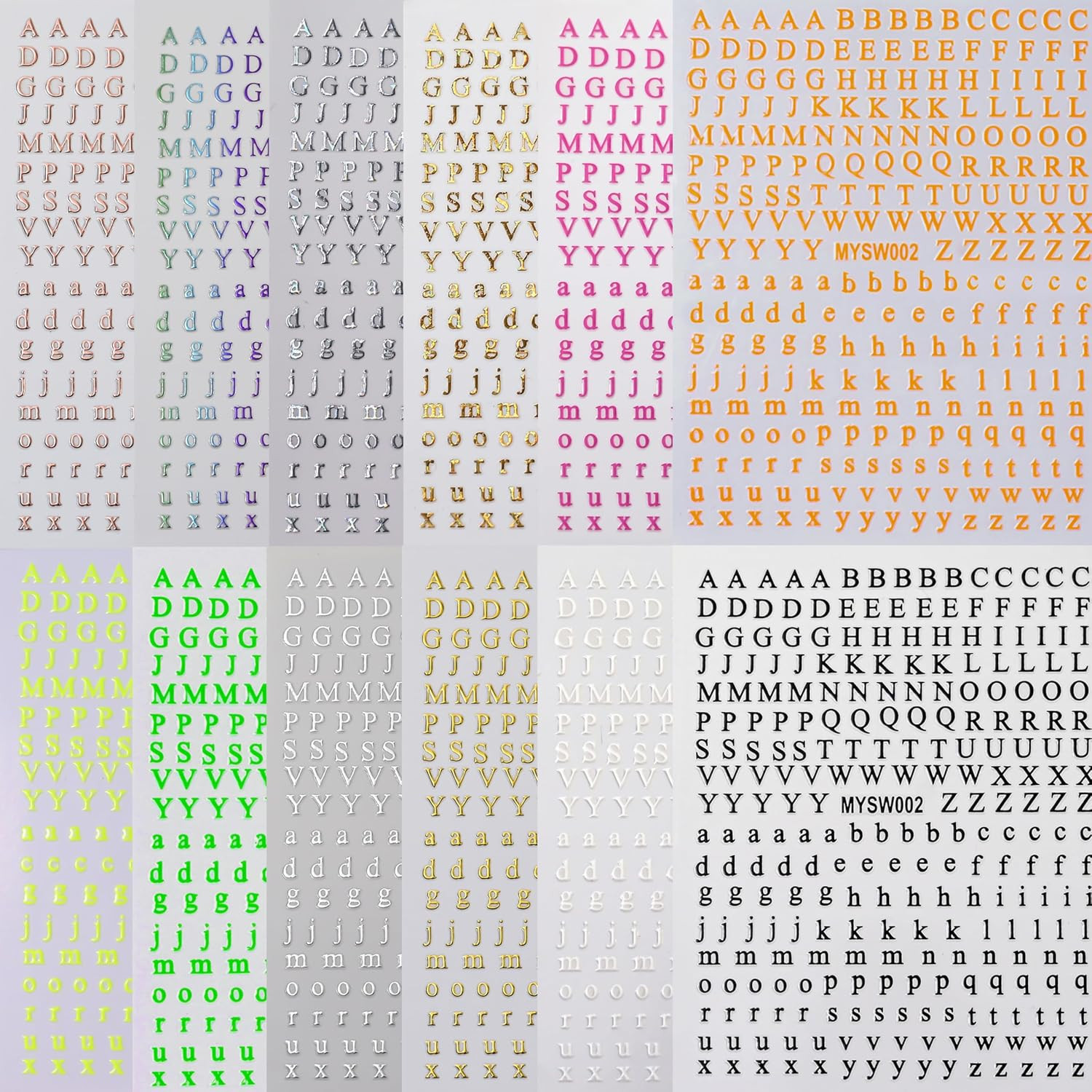 12 Sheets Letters Nail Art Stickers English Alphabet Nail Decals 3D Self-Adhesiv
