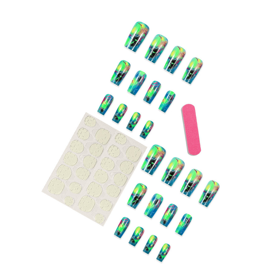 48P Long Coffin Press on Nails Neon Colorful Lightning Trendy Fake Nails
