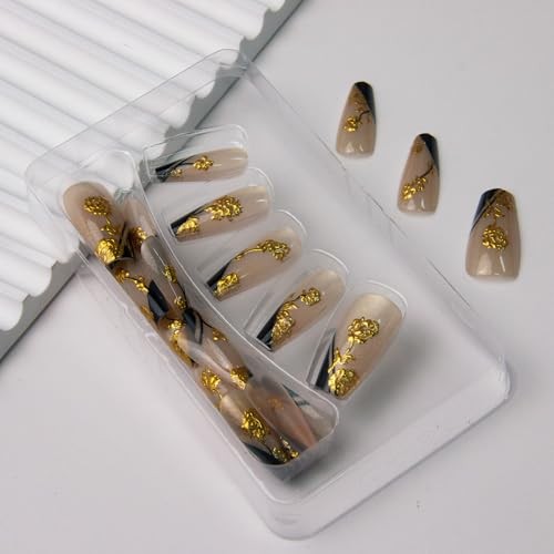 Press on Nails Square Fake Nails Gold Rose Flowers Acrylic Nails Medium Style 9