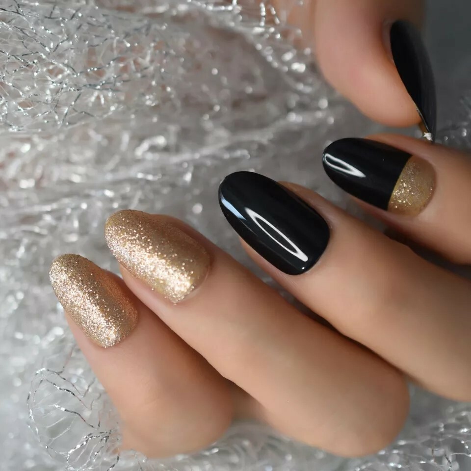 24 Black gold glitter Press On Nails w/ Glue oval medium short almond tip