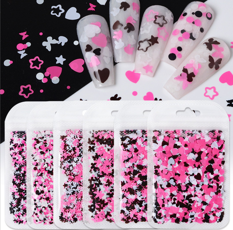 Black Pink Rabbit Butterfly Love Hearts DIY Sequins UV Nail Art Glitter Flakes