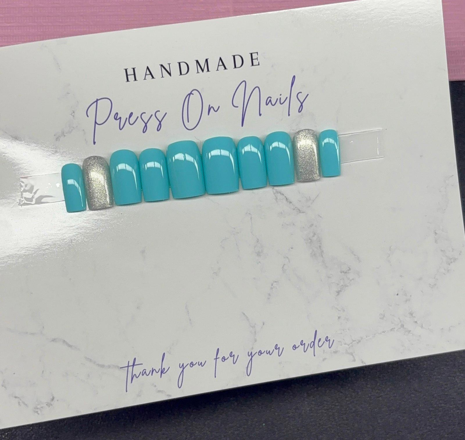 Short square Press on nails silver glitter teal light blue handmade custom gel