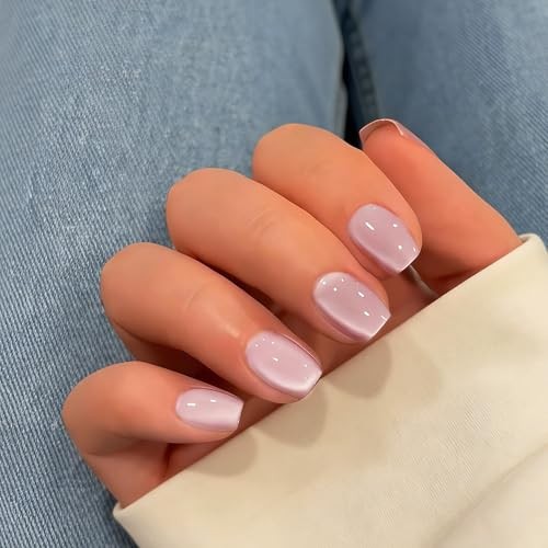 Cat Eye Press On Nails Short, 30 Pcs Glitter Dusty Pink Press On chrome pink