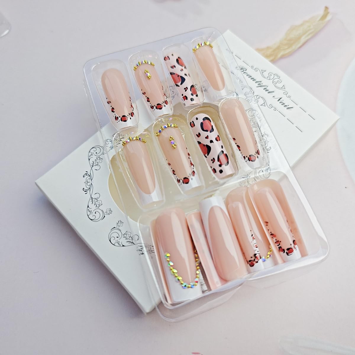 24 Pcs French Tip Press on Nails Long Coffin Leopard Fake Nails with Rhinesto…