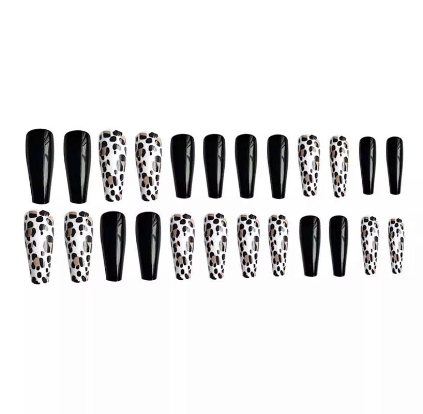 Leopard Black Long Coffin Press On Nails 24 Pc Nail Set Fake False Glue On