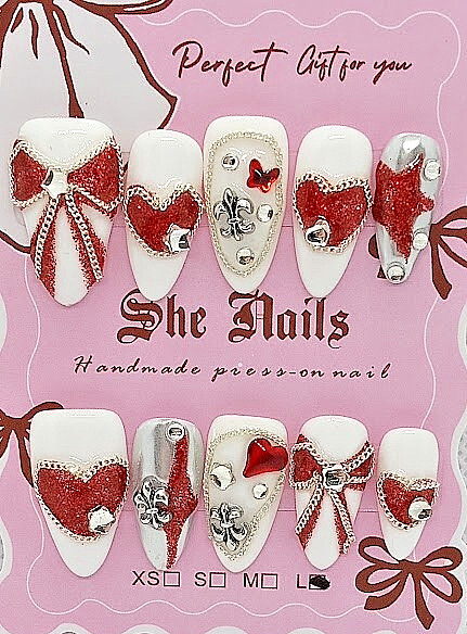 10pc. SIZE Lge. Handmade almond valentine heart Red/White Press on nails