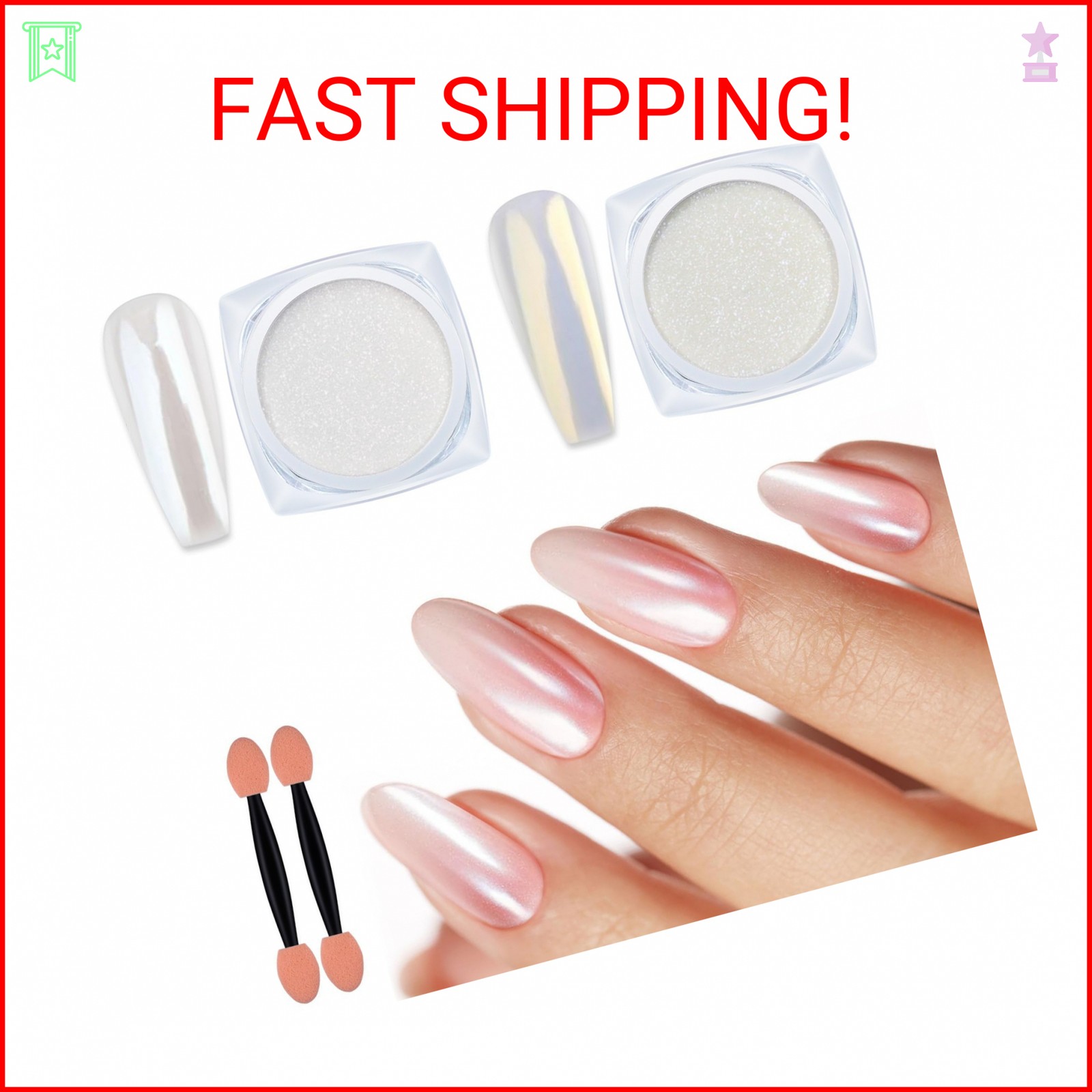 Artdone 2 Jars Chrome Nail Powder White and Gold Pearl,Iridescent Aurora Powder