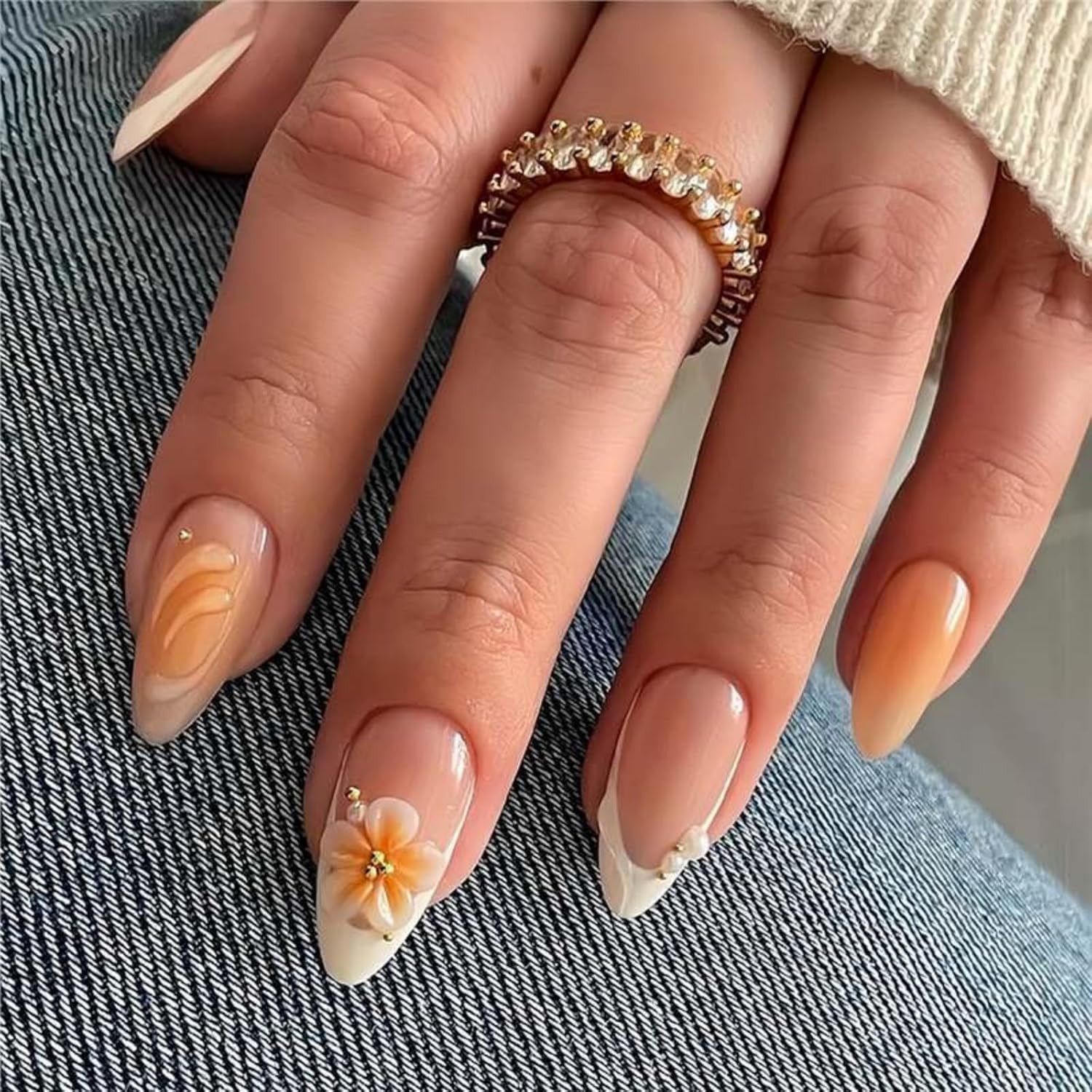 Long Almond Press on Nails Nude Brown Ormbed Fake Nails with Gold Accents Stick