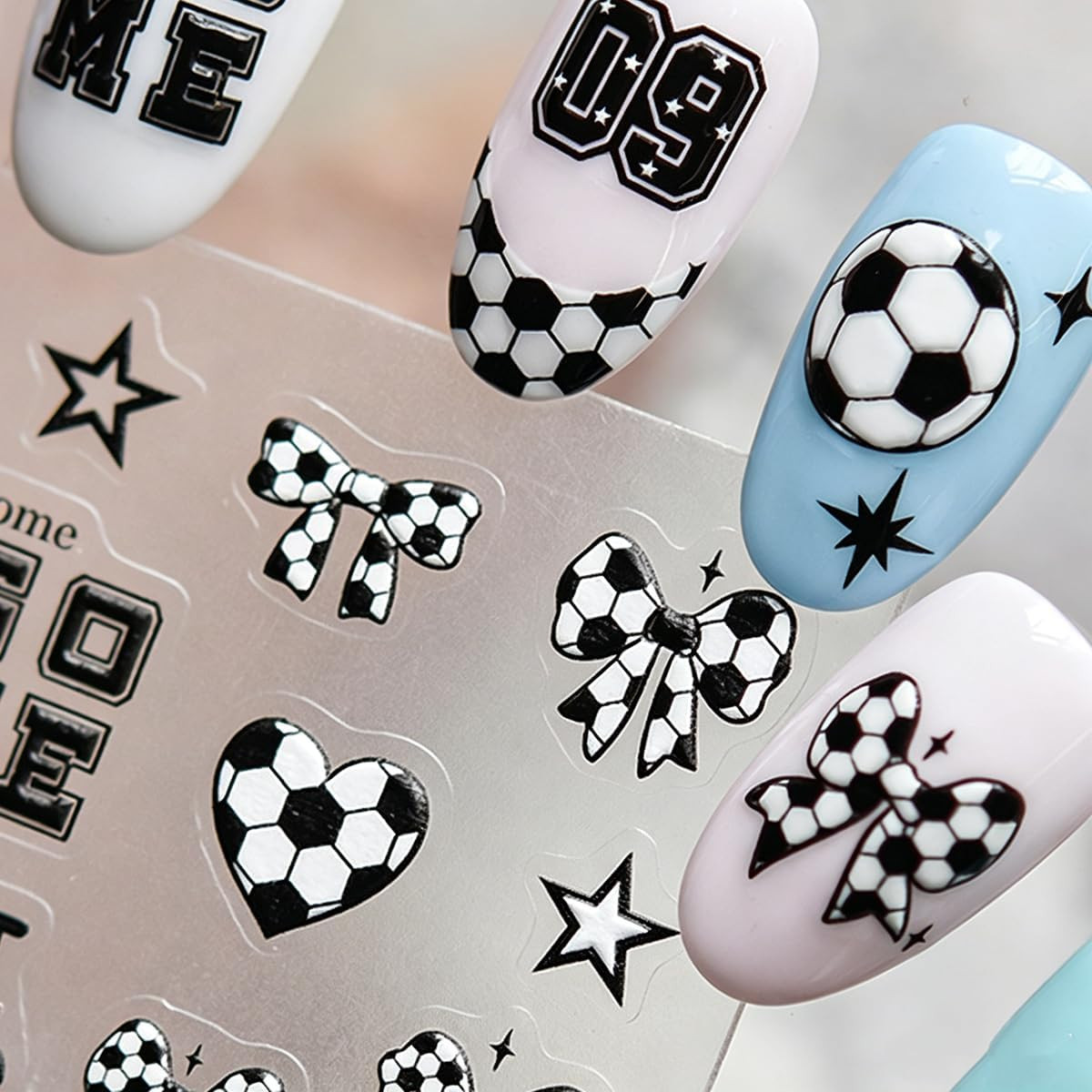 5D Embossed Star Nail Stickers Black White Nail Decals Soccer Bow Star Heart Nai