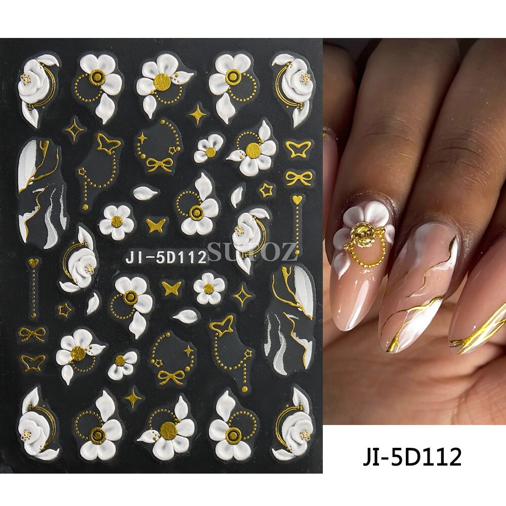 5D Embossed Daisy Rose Butterfly Camellia Flower Nail Art Stickers Self-adhesive