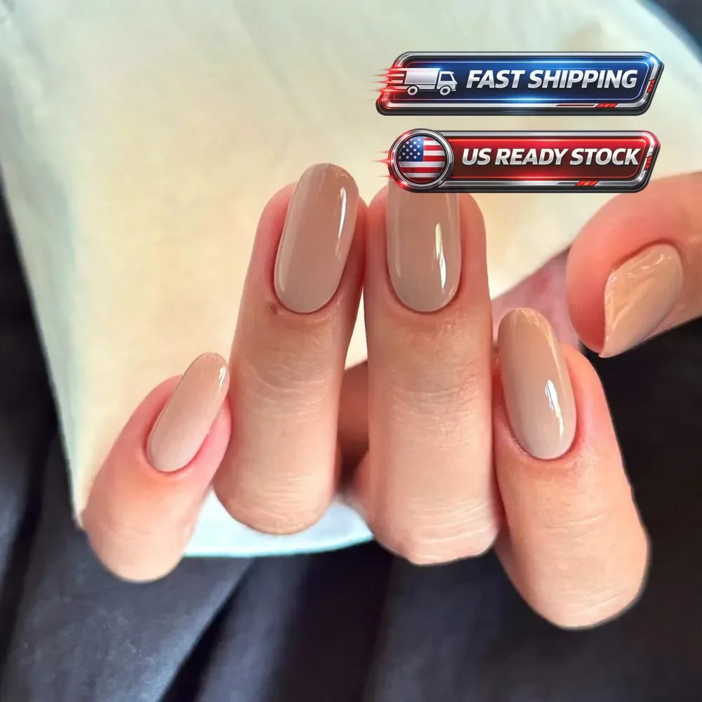 Short Oval Press on Nails Nude Pink Fake Nails with Glossy Design Petite Glue
