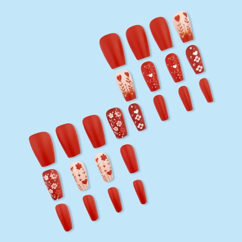 48 Pieces of Shiny Red Matte Ballet Shaped Medium Length Glossy Nail Art