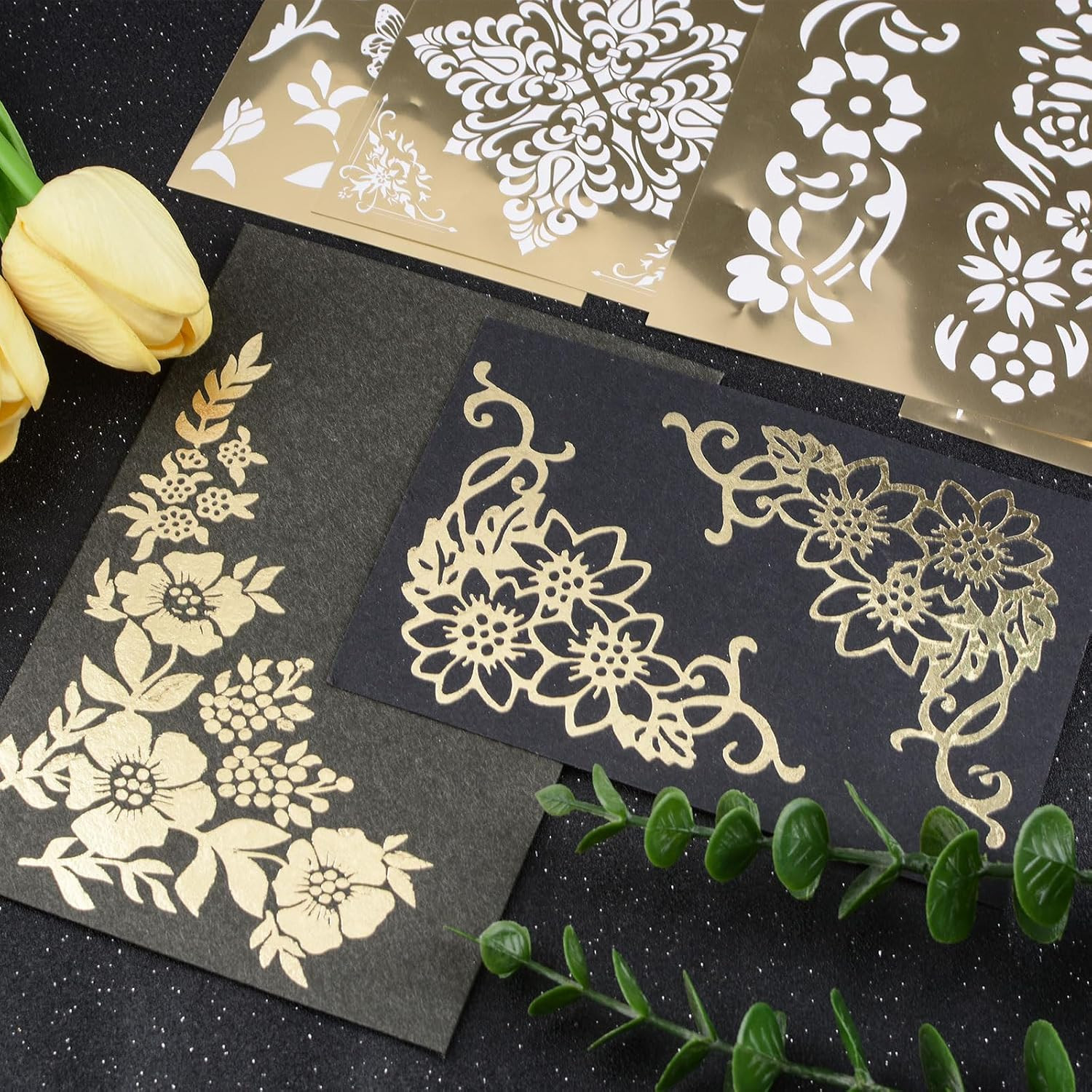 8 Sheets Gilding Lace Rub On Transfer Sticker, Gold Foil Stamping Stickers Gold