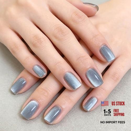 Cat Eye Press on Nails – Short Square Fake Nails – Blue Grey – Style 8