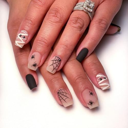 24 Black Halloween Spider Web Square Press On Nails – Women’s Party