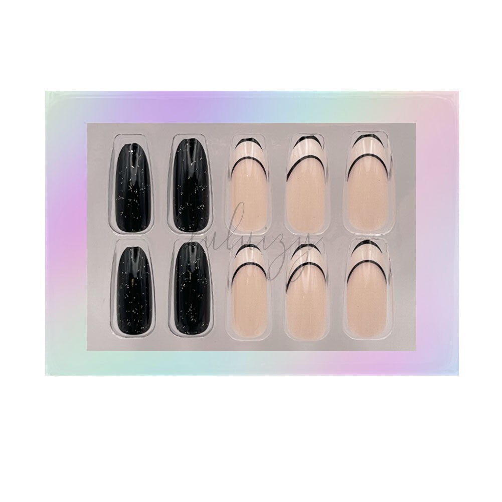 Press On Nails Long Round French and Black Reusable Glue On Nail Tips Glossy