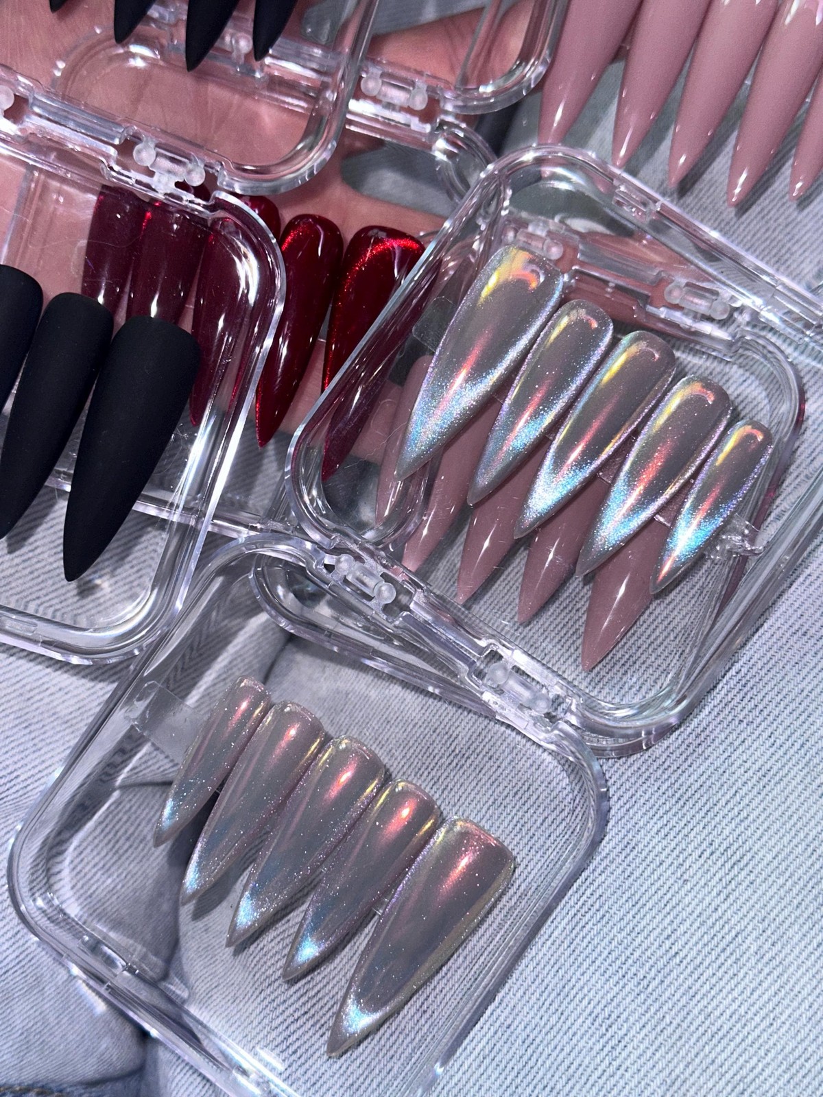 Custom Handmade Silver Holographic Chrome Long Stiletto Press on Nails