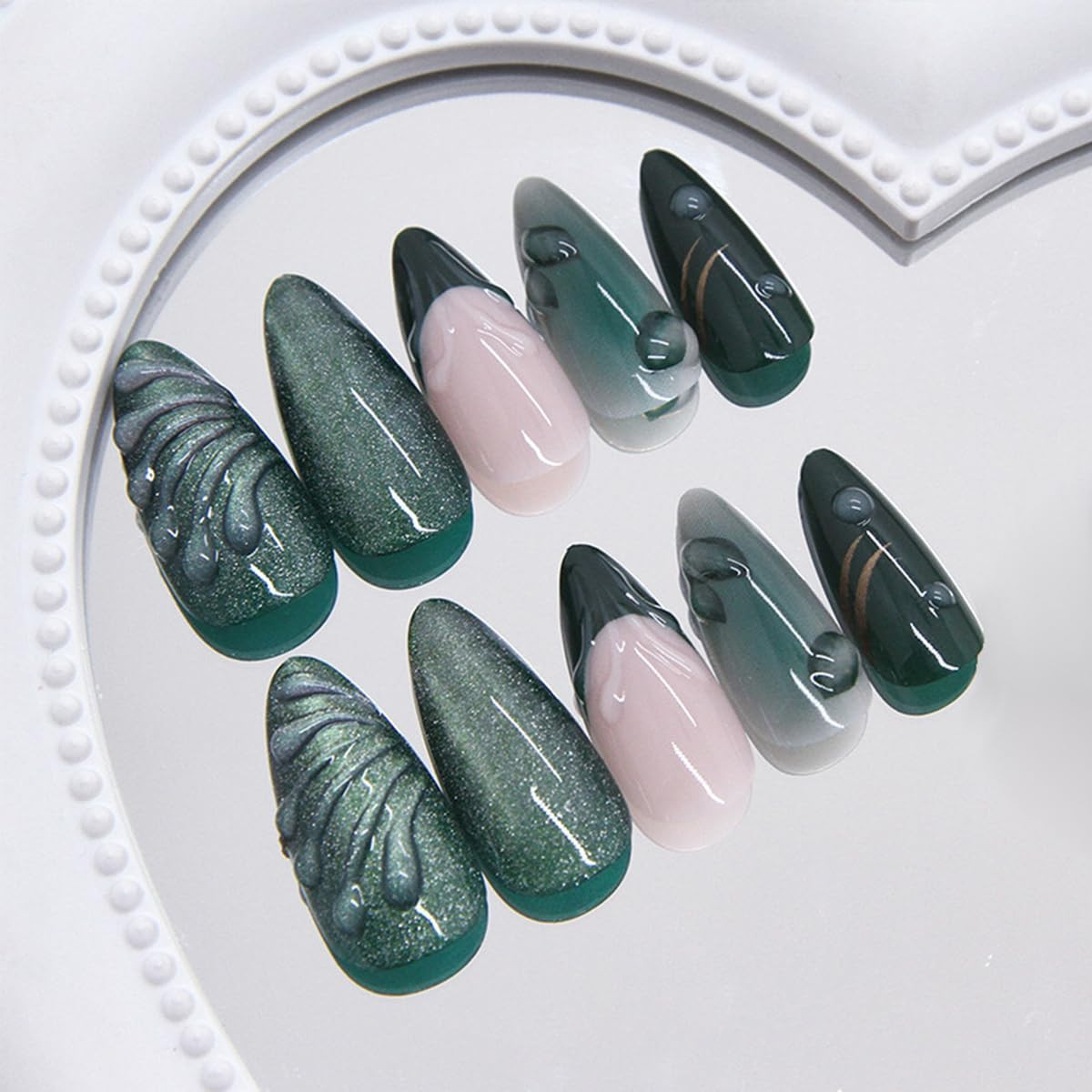 24Pcs Glitter Green Press on Nails Medium Almond Fake Nails with 3D Green Leaves