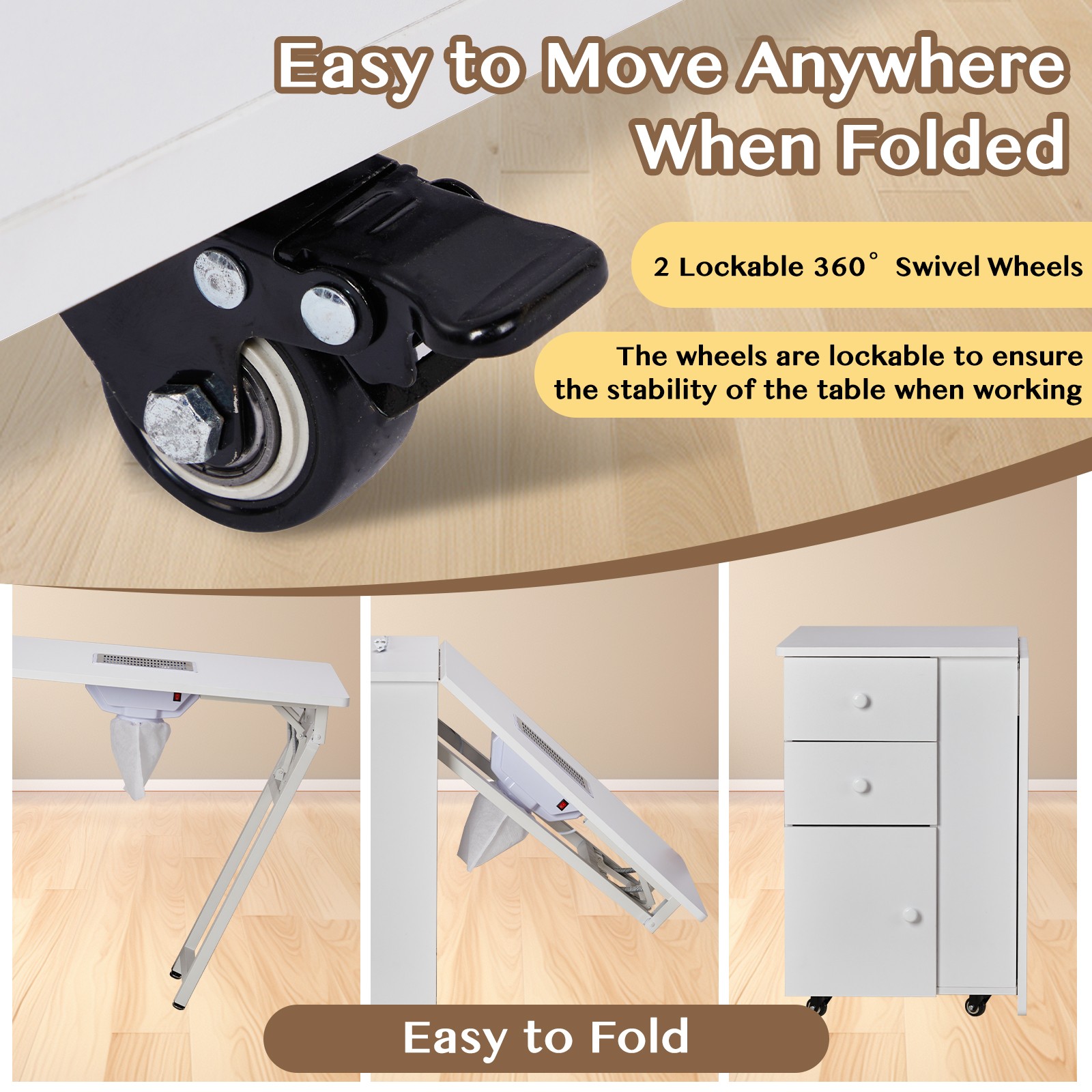 Foldable Nail Table with Dust Collector, Wheels & Multiple Drawers – White