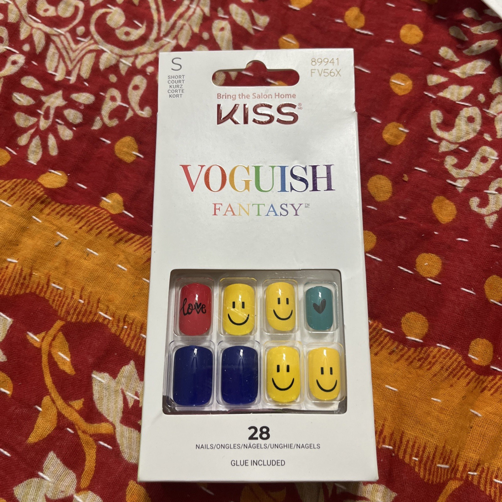 Kiss Vogueish Fantasy 28 Nail Short Square Shiny Yellow+Red+Blue Smiley Faces