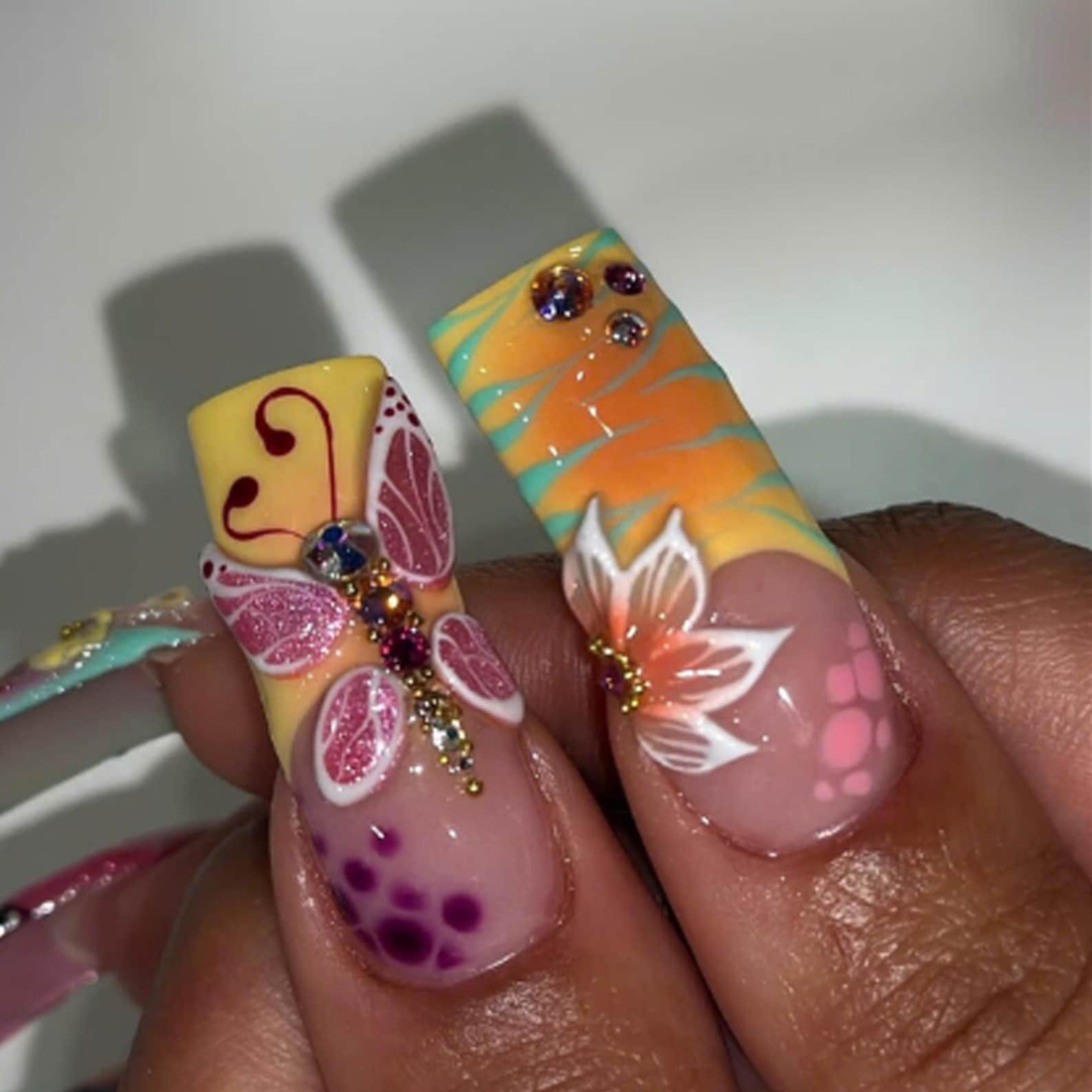 Handmade Colorful 3D Flower Butterfly Rhinestone Long Square Press on Nails