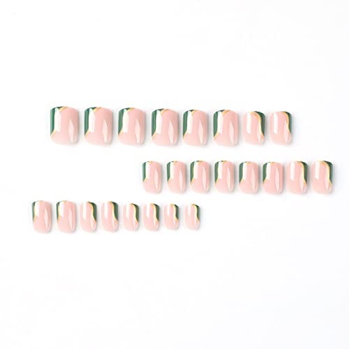 Short Press On Nails – Green French Tip with Gold Design, 24pc 220 Green