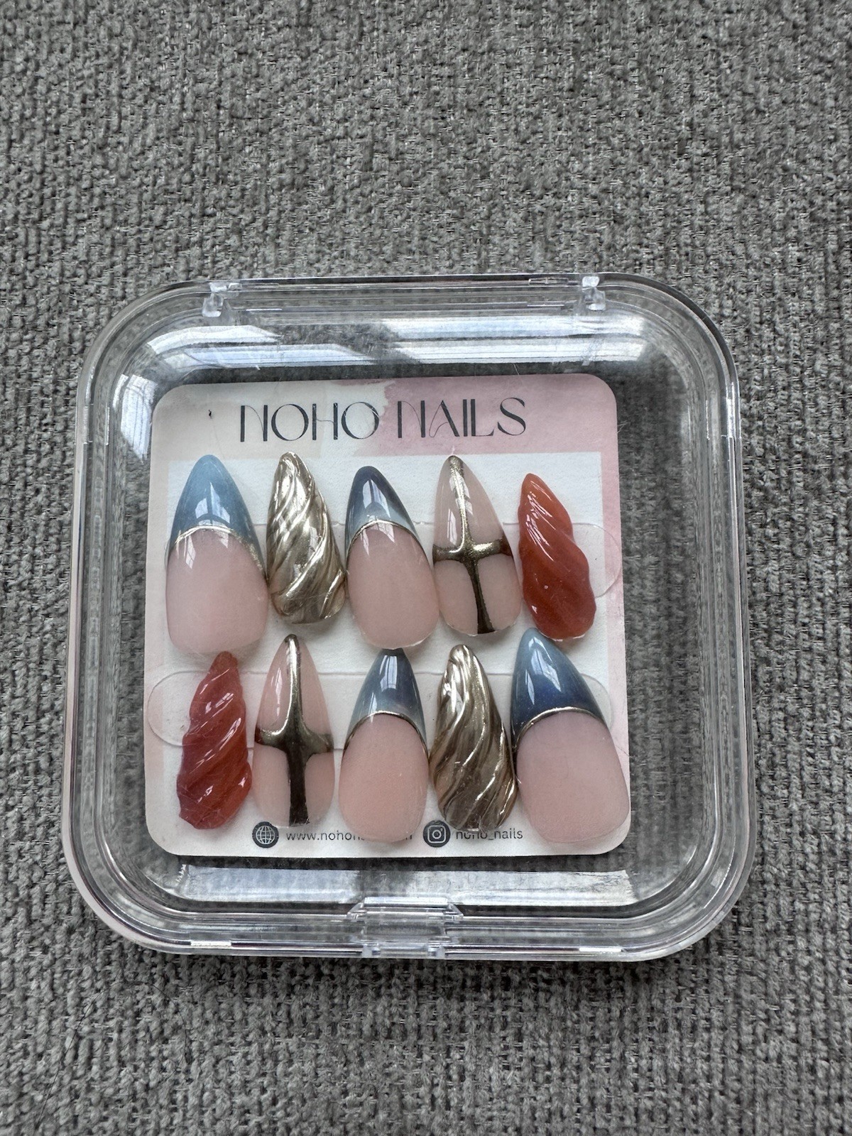 Multicolor 3D Press On Nails Medium Stiletto Orange Blue Silver