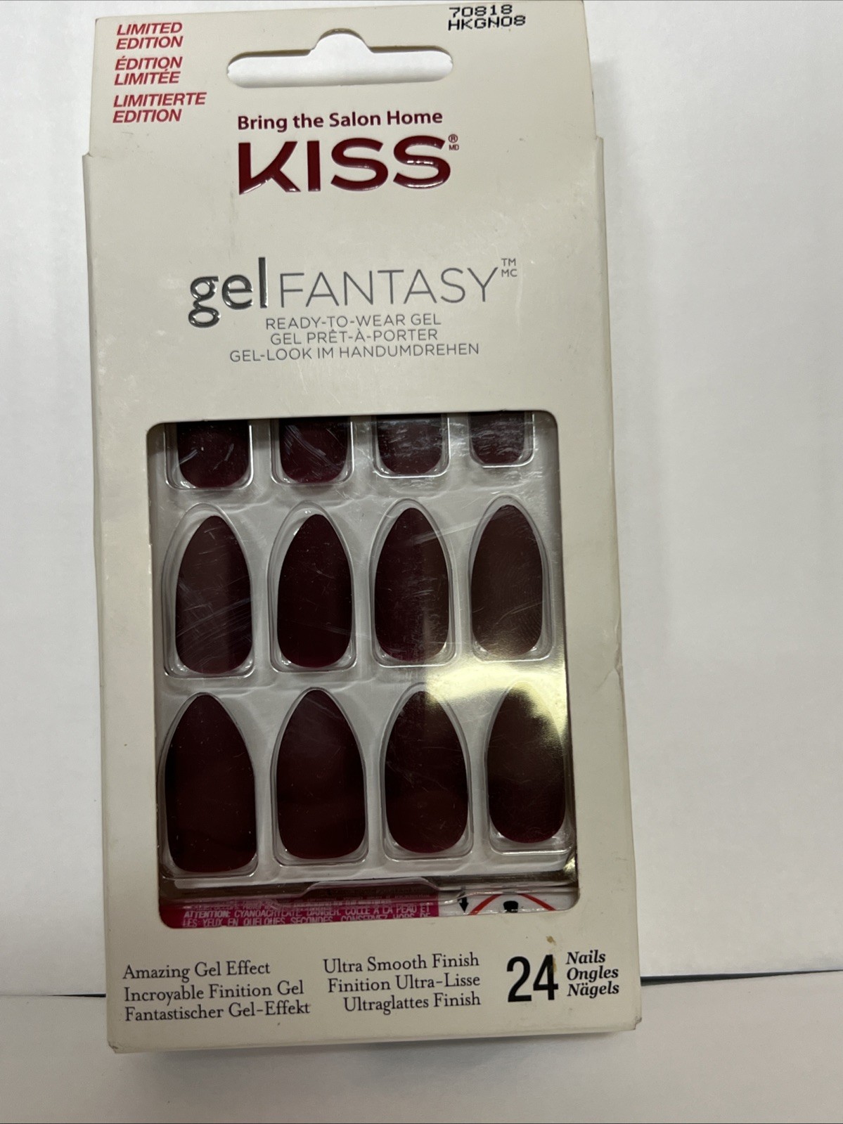 Kiss Gel Fantasy Matte Burgundy Glue On Stiletto Shape Medium Length 24 Nails