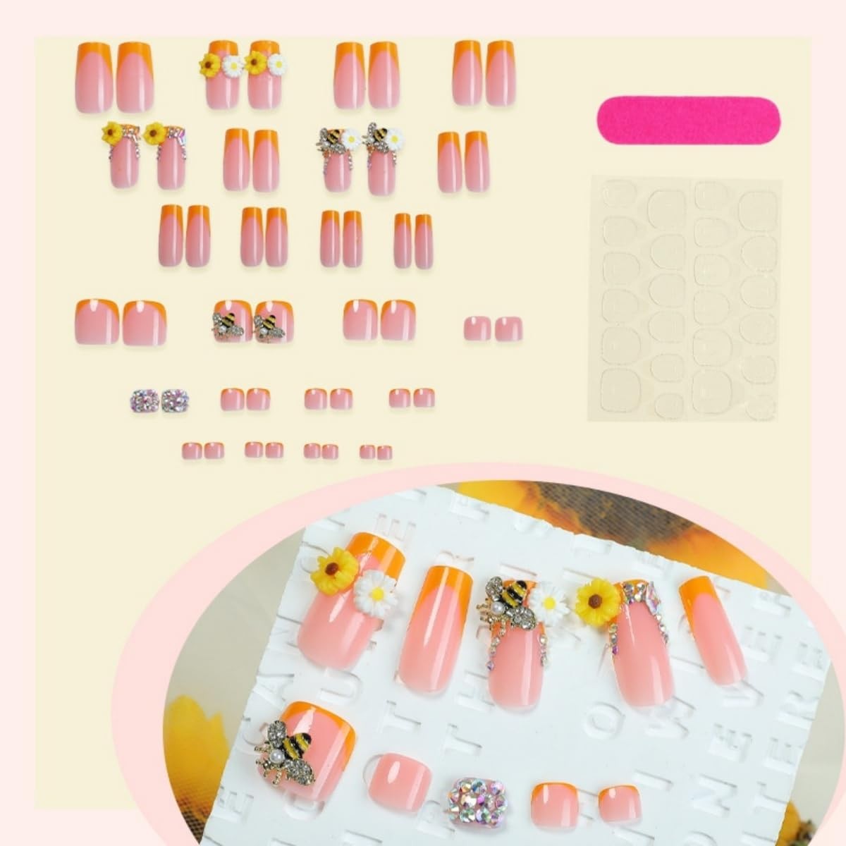 Flower Press on Nails and Toes Matching Set Square Fake Nails Rhinestone Bee …