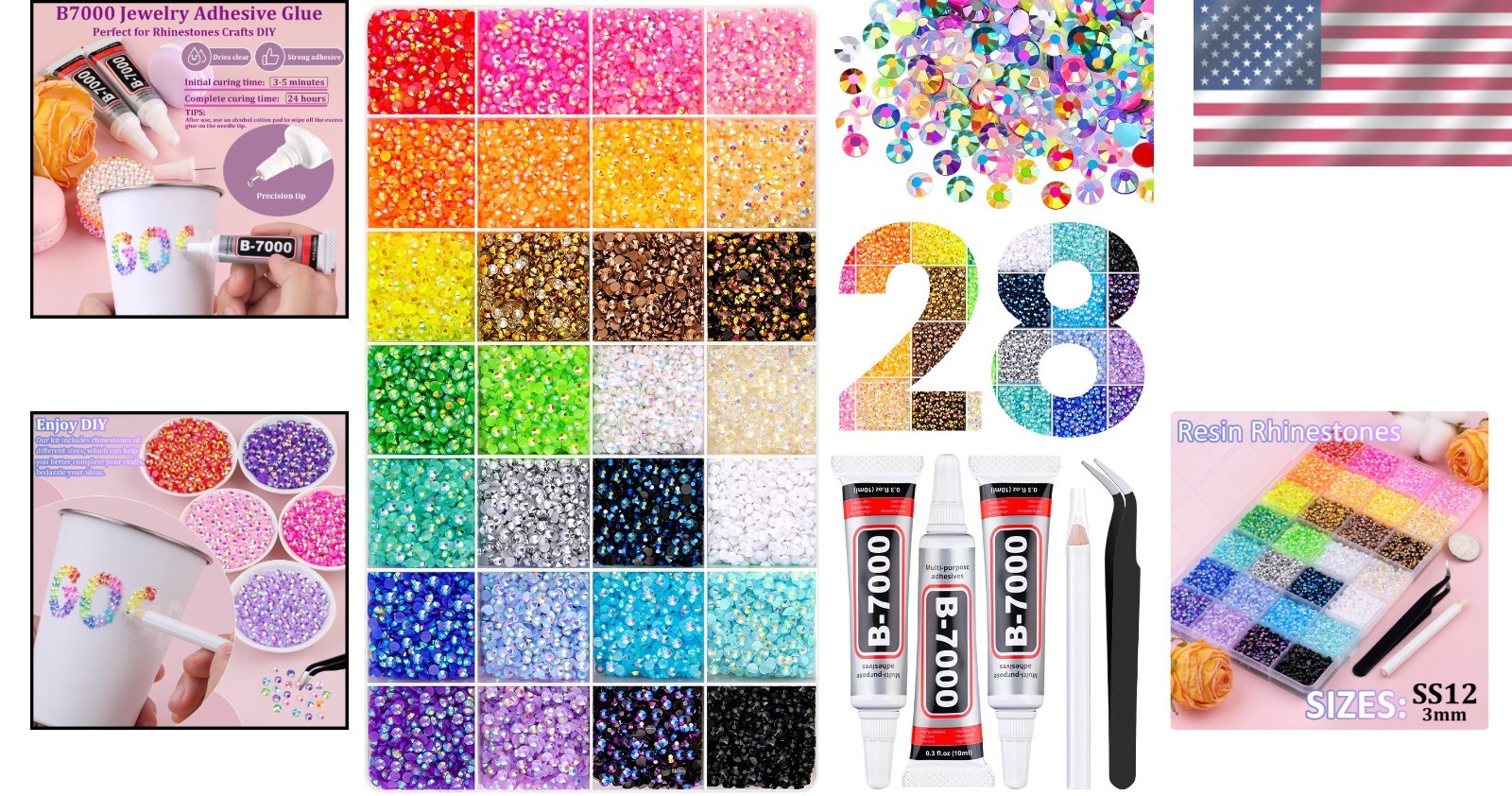 Vibrant 3mm Flatback Resin Rhinestones Kit with B7000 Adhesive for Crafts