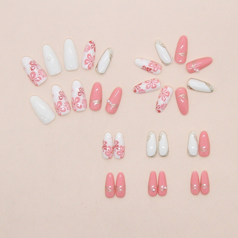 60pcs-Nude Pink Beige Press on Nails Cherry Blossom Print 3D Flower Almond Set