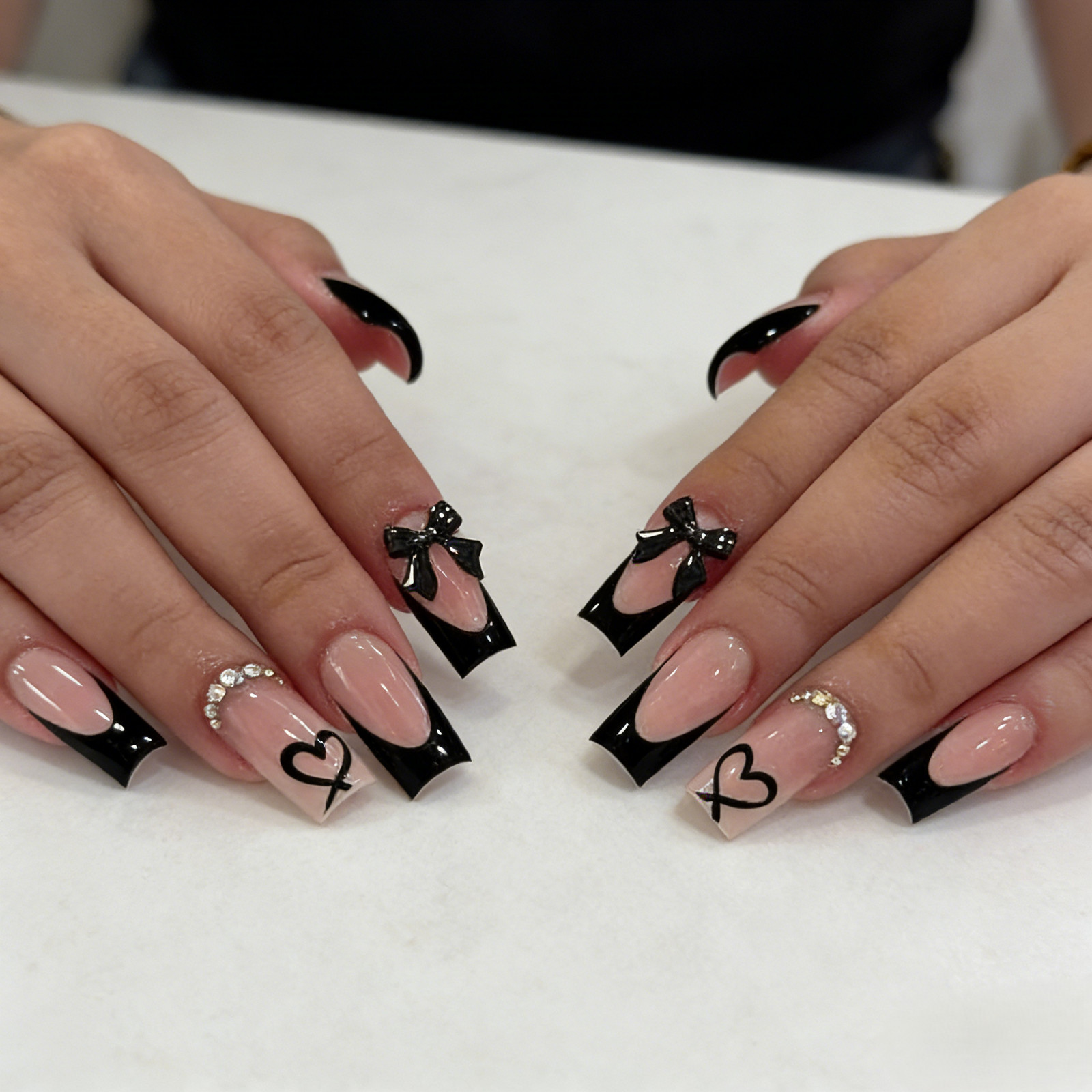 Square Black French Tip Press On Nails |Bow Heart Rhinestone Elegant False Nails