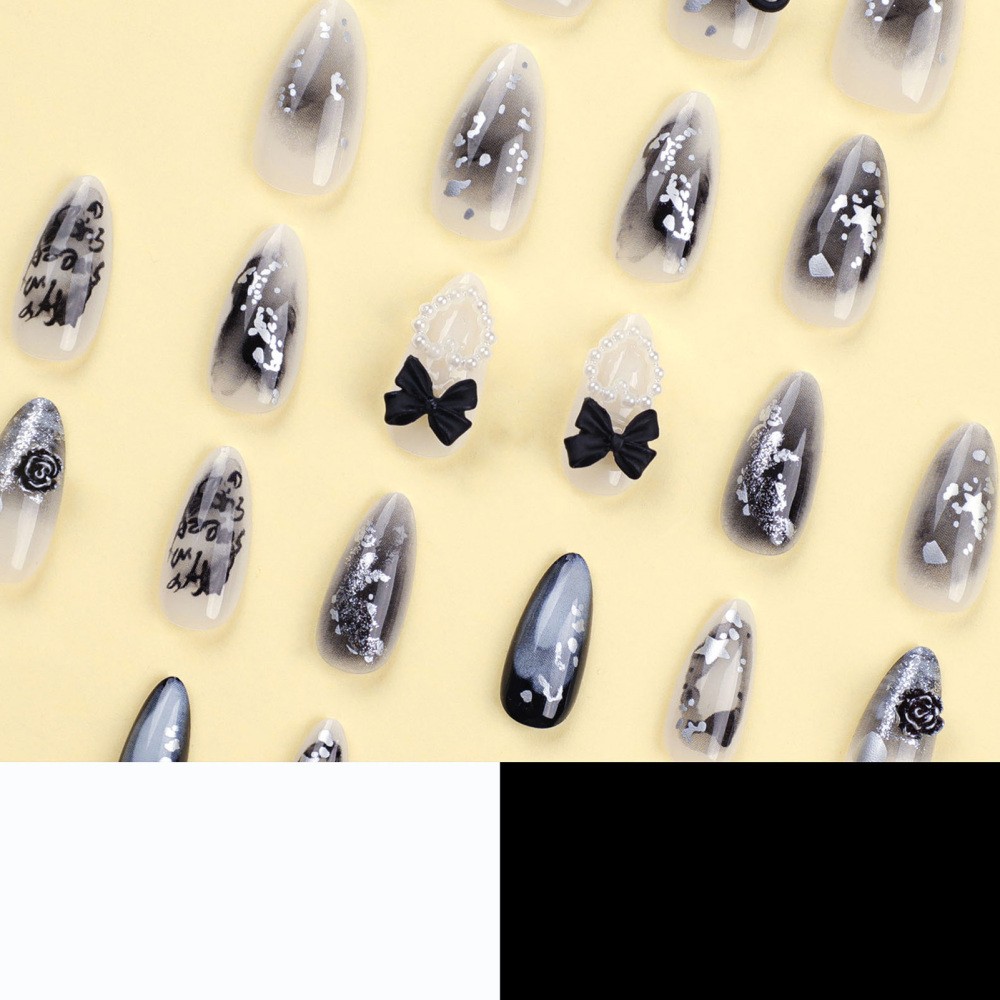 Nail Stickers Almond Shape Black 3D Bow with Pearl Heart Star Gradient Glitter