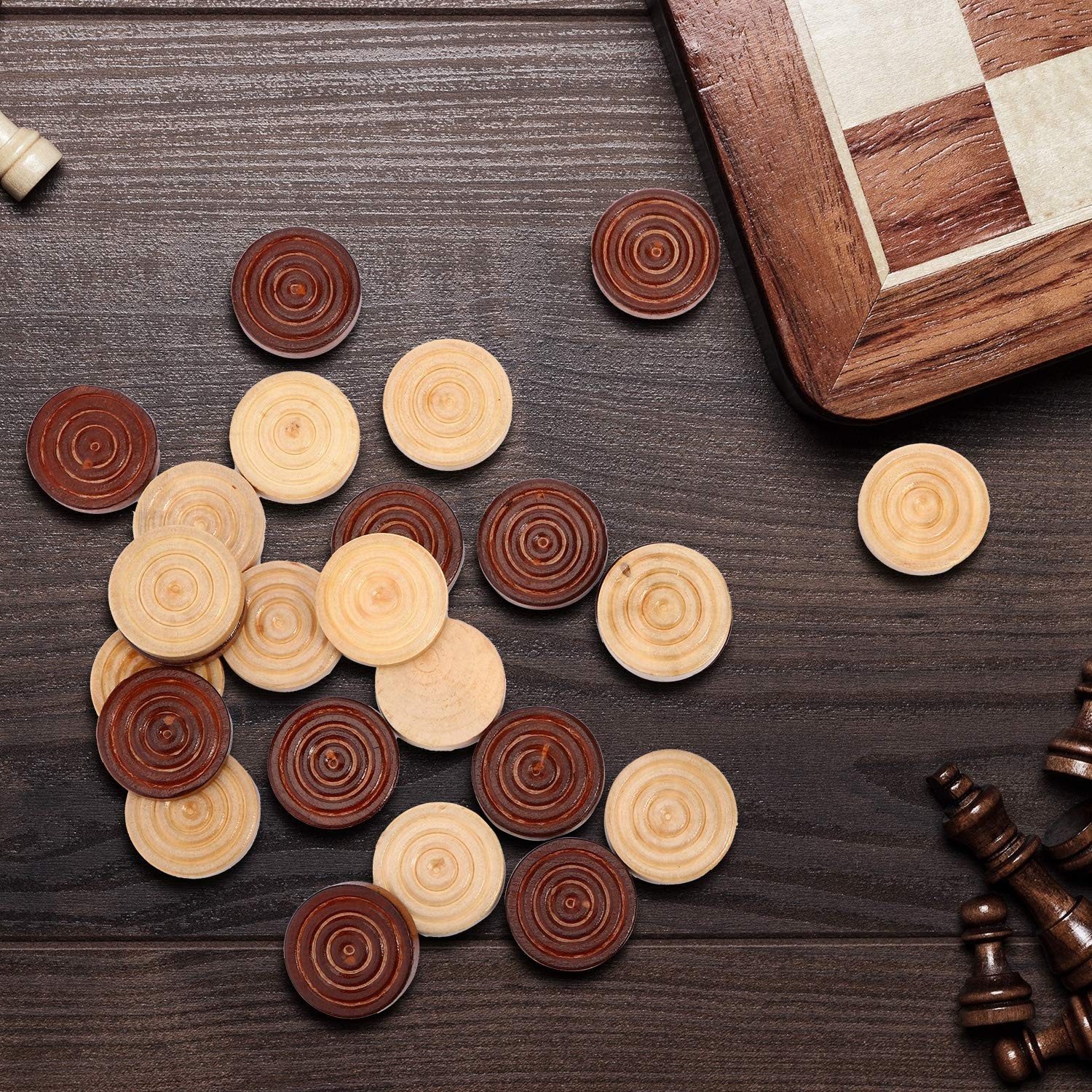 48 Pieces Wooden Checkers 1.06 inches in diameter, Dark Brown and Natural