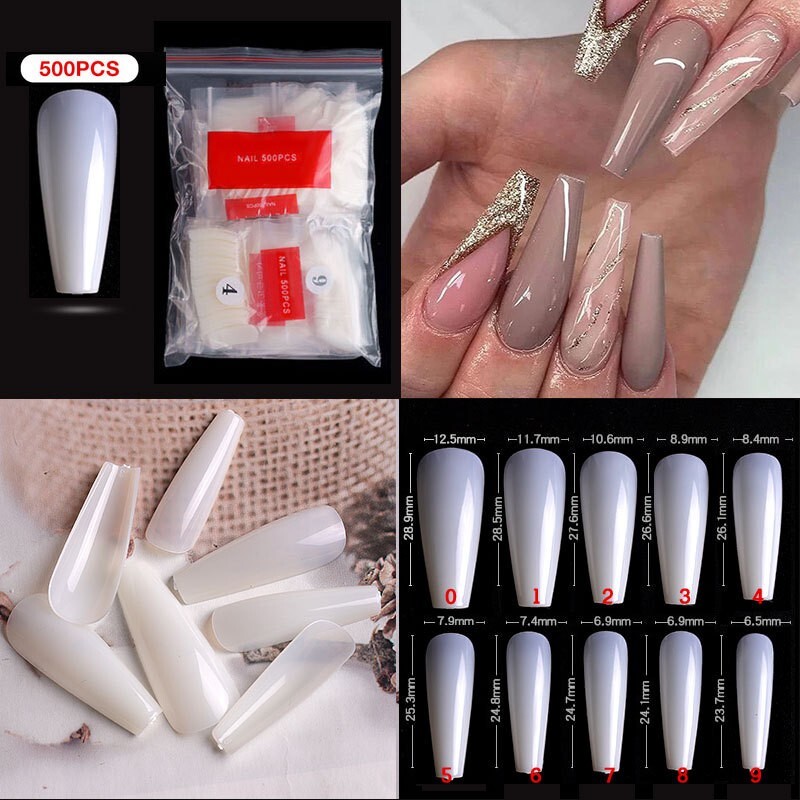 500Pcs Long Coffin Ballerina False Nail Tips Full Cover Fake Nails Natural Color