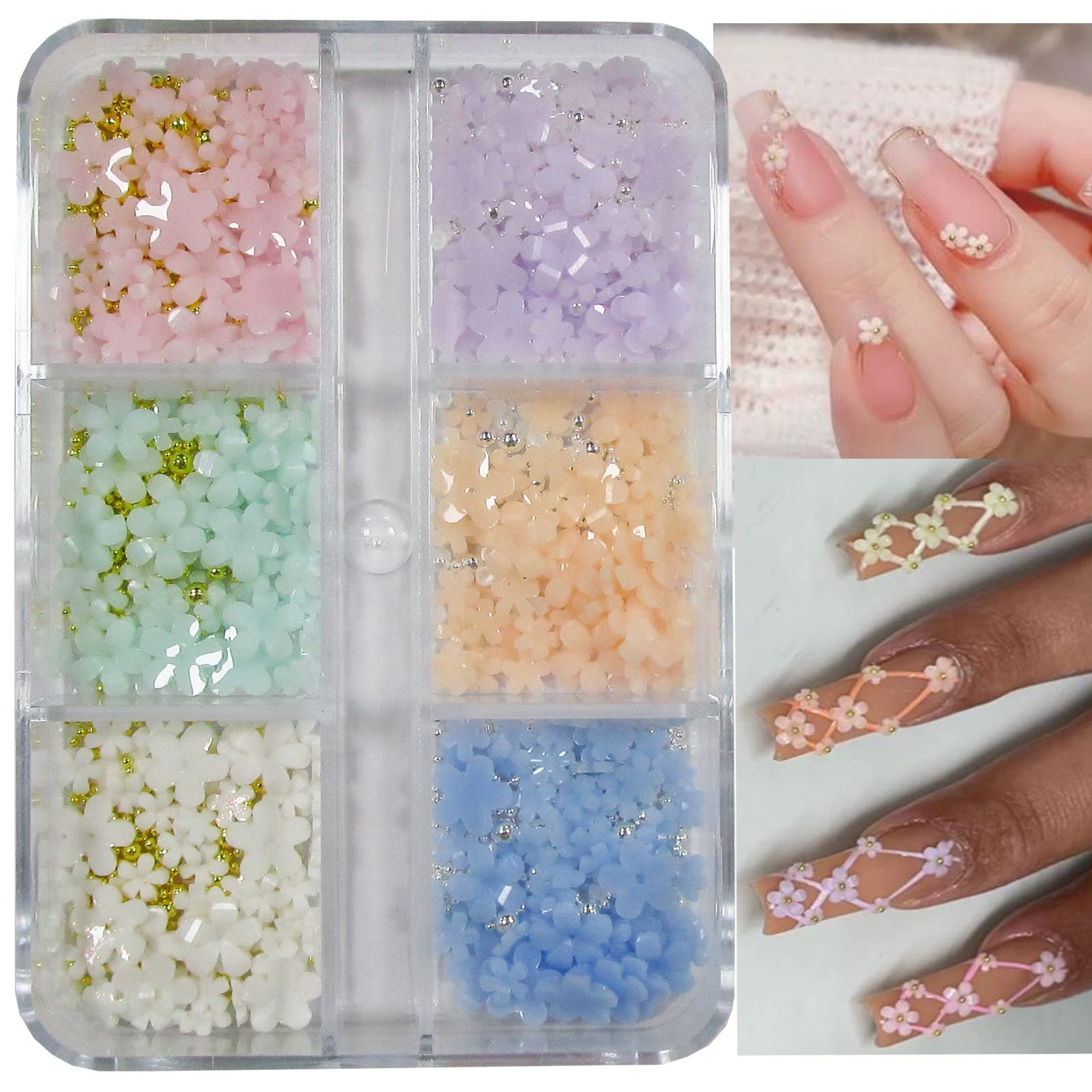 4 Boxes 3D Flower Nail Charms Colorful Blossom Studs Nail Supplies with Gold …