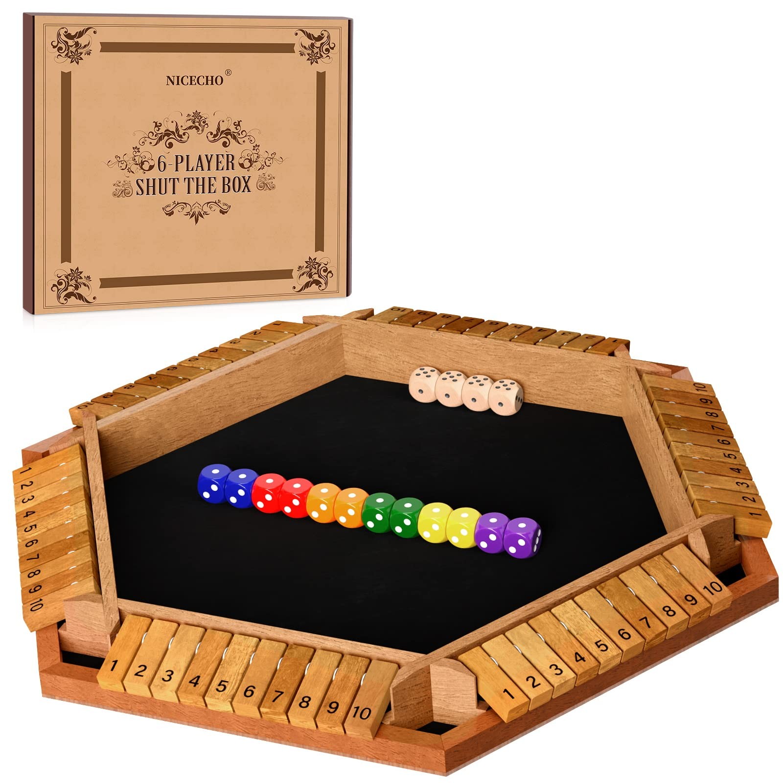 Nicecho 2-6 Players Shut The Box Dice Game, Wooden Brown-15*13 inches, Brown